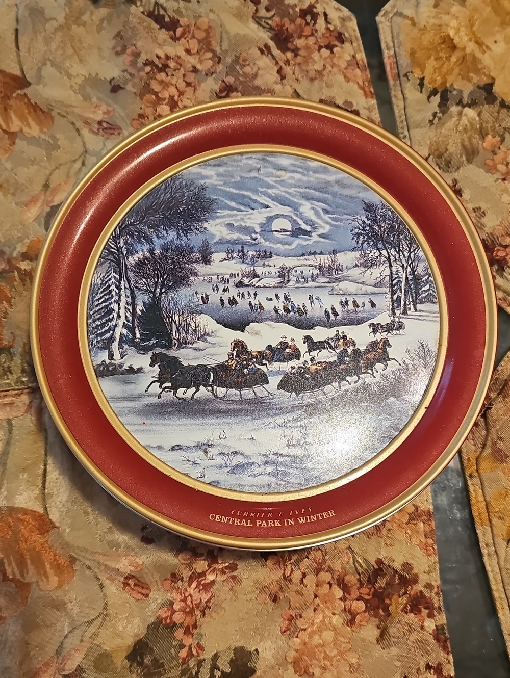 Central Park in Winter Decorative Collector Tin - Red & Gold Rim